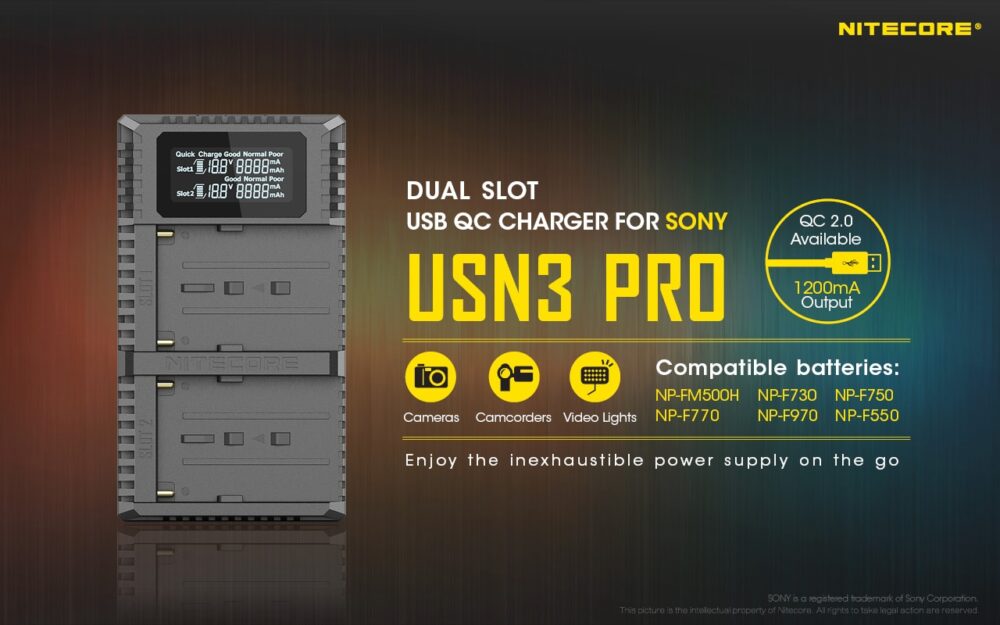 Nitecore USN3 PRO dual slot digital USB charger for Sony NP-F series batteries