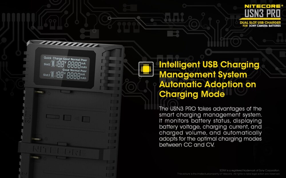 Nitecore USN3 PRO dual slot digital USB charger for Sony NP-F series batteries