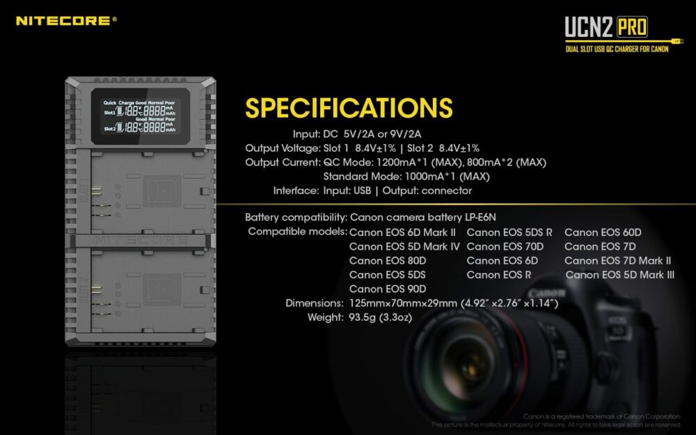 Nitecore UCN2 PRO akulaadija CANON LP-E6N akudele, USB