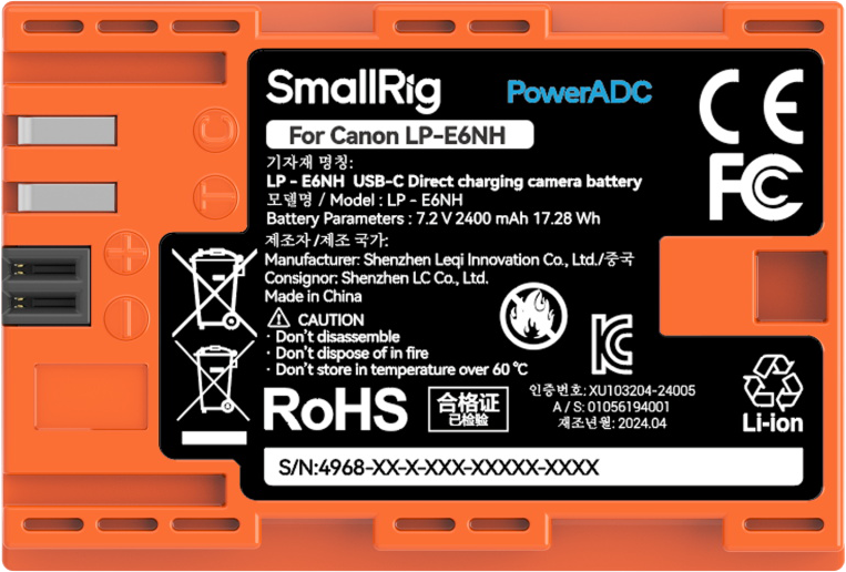 SMALLRIG 4968 LP-E6NH USB-C Rechargeable Camera Battery Orange