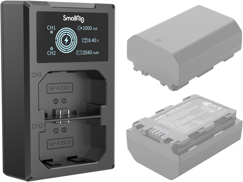 which can charge two batteries at the same time. The LCD screen displays the charging voltage
