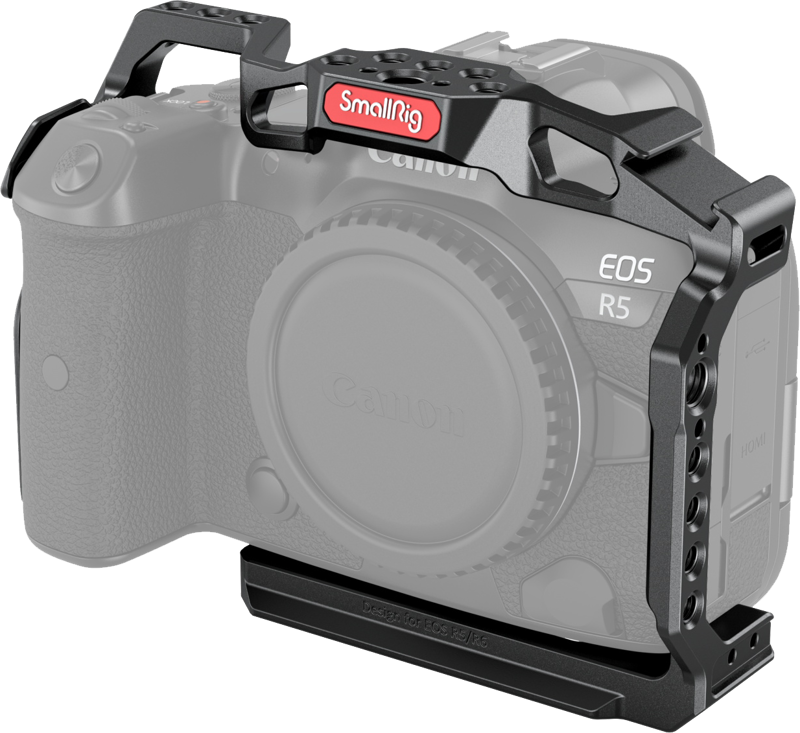A form fitting full Cage for Canon R5 &amp R6 and R5C cameras with maintains access to the camera controls and features a variety of mounting options.