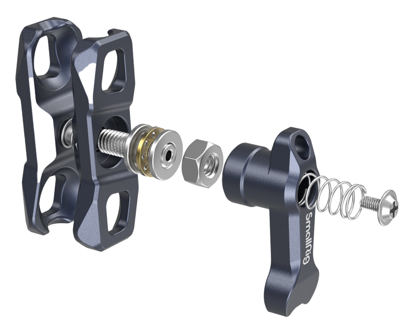 features one 1/4"-20 screw and stretchable pins that prevent twisting. It´s compact and lightweight.