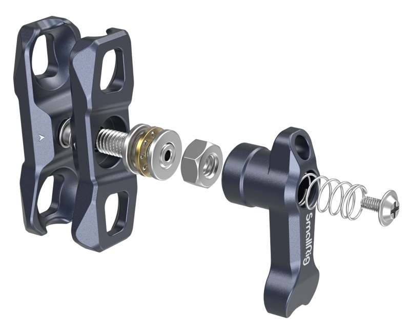 features one 1/4"-20 screw and stretchable pins that prevent twisting. It´s compact and lightweight.