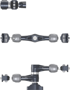features 1/4"-20 screws and stretchable pins at both ends for securely attaching such accessories