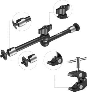 and an action camera mount. One end features a 1/4"-20 screw for mounting action cameras