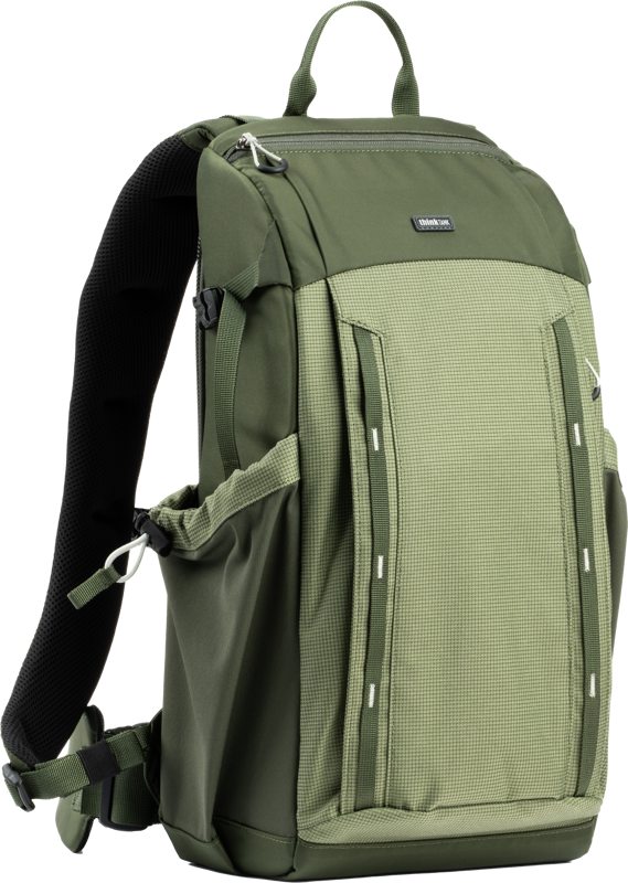 the pack will hold a standard-sized camera body and the trifecta of zoom lenses. A minimal but plush harness systems enables comfortable