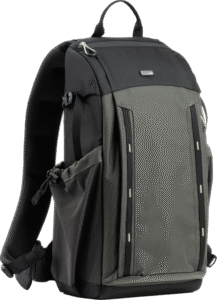 the pack will hold a standard-sized camera body and the trifecta of zoom lenses. A minimal but plush harness systems enables comfortable