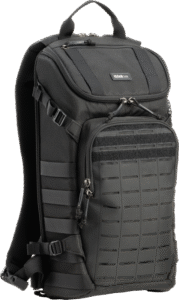 a high-performance camera bag designed for both urban and field use. Equipped with a laser-cut MOLLE panel and tactical webbing rails