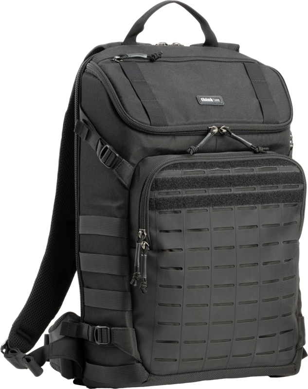 a high-performance camera bag designed for both urban and field use. Equipped with a laser-cut MOLLE panel and tactical webbing rails
