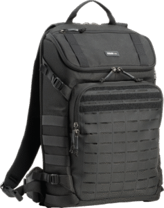 a high-performance camera bag designed for both urban and field use. Equipped with a laser-cut MOLLE panel and tactical webbing rails