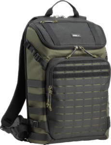 a high-performance camera bag designed for both urban and field use. Equipped with a laser-cut MOLLE panel and tactical webbing rails