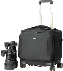 8-wheel roller bag offers top and front openings for quick gear access. It accommodates two gripped camera bodies side-by-side