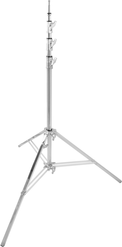 The High Baby Stand has a maximum height of 4.2m and a minimum height of 1.2m. It has a load capacity of 25 kg. This stand has a mounting stud welded directly to the top riser increasing its strength and durability.