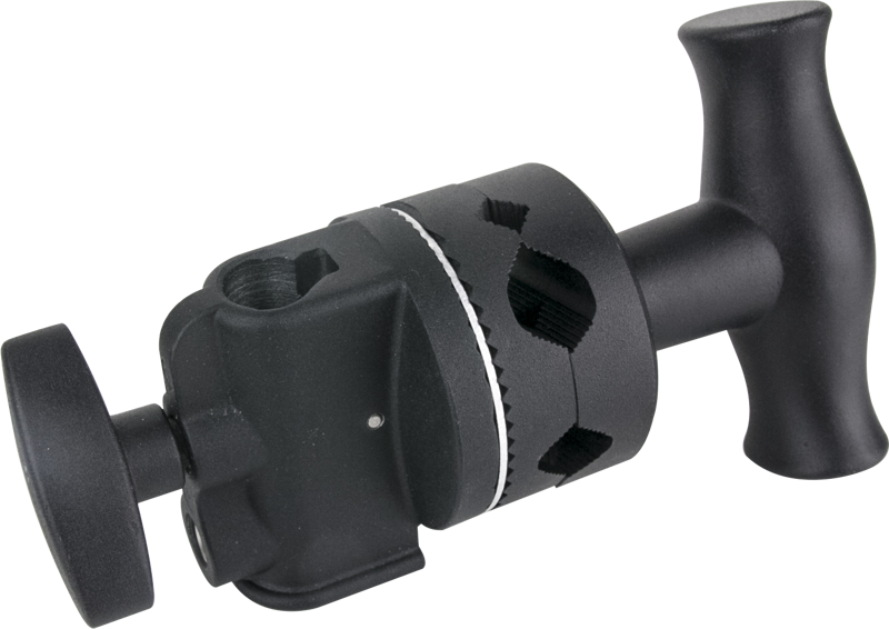 The 2-1/2 Grip Head consists of a pair of rotating aluminum discs attached to a 5/8" (16 mm) receiver. The discs have four different sized V shaped jaws to accept any accessory with a 5/8" 1/2"