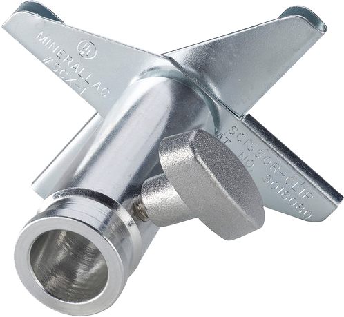 The drop ceiling mount (also commonly called a scissor mount) attaches to an intersection in the metal grid that supports the tiles. This adapter is perfect for trying to find a suitable mounting point on drop ceilings.