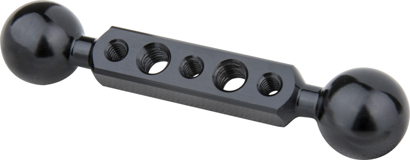 CNC aluminum extension arm with black anodized finish which has a 26mm ball on both ends. Total length measurement is 127mm. Ideal for building custom arm configurations with a Super Knuckle w/ Hex Baby Pin (KG017711).
