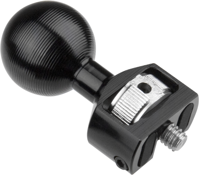 A CNC machined aluminum ball with a 1/4in-20 screw allows it to be compatible with other super knuckle accessories. Can be easily mounted on a camera cage via the 1/4in threaded holes and features a thumb screw for quick locking and for convenient and firm installation.