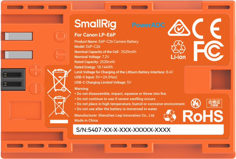 SMALLRIG 5407 Camera Battery for Canon LP-E6P Orange
