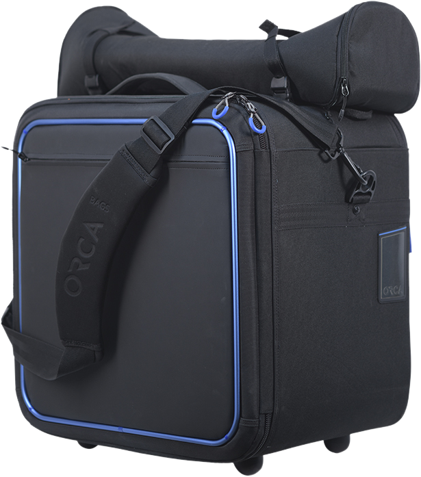 Lighting bag built to transport two standard 1x1 LED lights with power supplies and accessories.