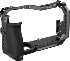 it secures to the camera using a bottom 1/4"-20 screw and dual side locating blocks for anti-twist stability