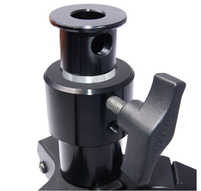 lightweight compact folding floor stand. Constructed with anodized aluminum legs and central column with die-casting leg mounts. Designed for a 28mm spigot