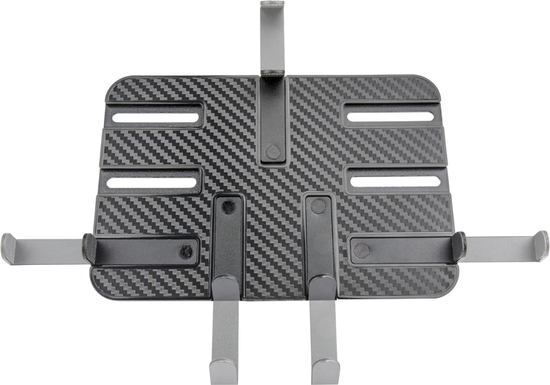 the Super Knuckle Universal Tablet Holder comes with rubber coated aluminum hooks that adjust to nine different positions. Fits almost any sized tablet from 7" to 11" on one side and a ball joint on the other.