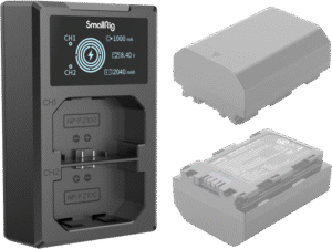 which can charge two batteries at the same time. The LCD screen displays the charging voltage