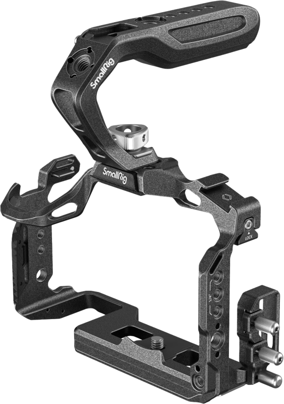 a HDMI & USB-C cable clamp and a top handle which feels comfortable and facilitates camera movement and low-angle shot. The streamlined cage with clear edges gives full access to all top controls and the cable clamp can fix HDMI & USB-C cables.