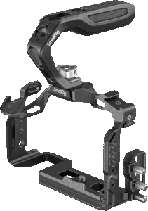 a HDMI & USB-C cable clamp and a top handle which feels comfortable and facilitates camera movement and low-angle shot. The streamlined cage with clear edges gives full access to all top controls and the cable clamp can fix HDMI & USB-C cables.