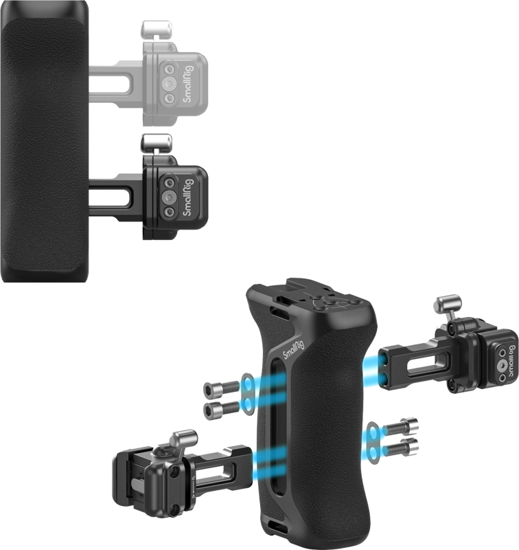 while providing basic accessory mounts. The handle snaps on or releases a NATO rail within one second without first removing other accessories.