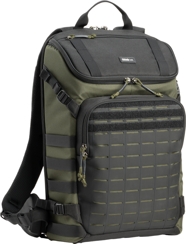 a high-performance camera bag designed for both urban and field use. Equipped with a laser-cut MOLLE panel and tactical webbing rails