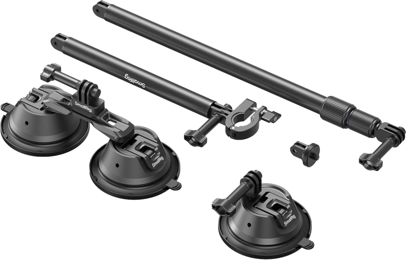 enabling low-altitude drone-like shooting effects. This mount kit adopts a modular design and includes a dual suction cup