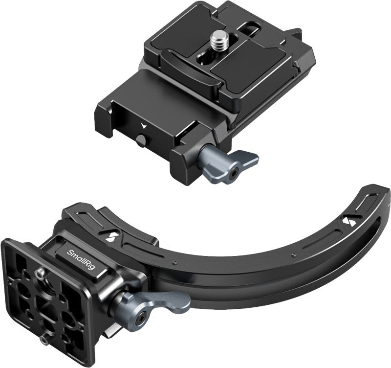 card slot). Supports camera with or without a cage and supports Arca-Swiss / Manfrotto RC2 QR-mounts