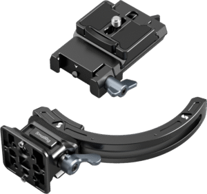 card slot). Supports camera with or without a cage and supports Arca-Swiss / Manfrotto RC2 QR-mounts