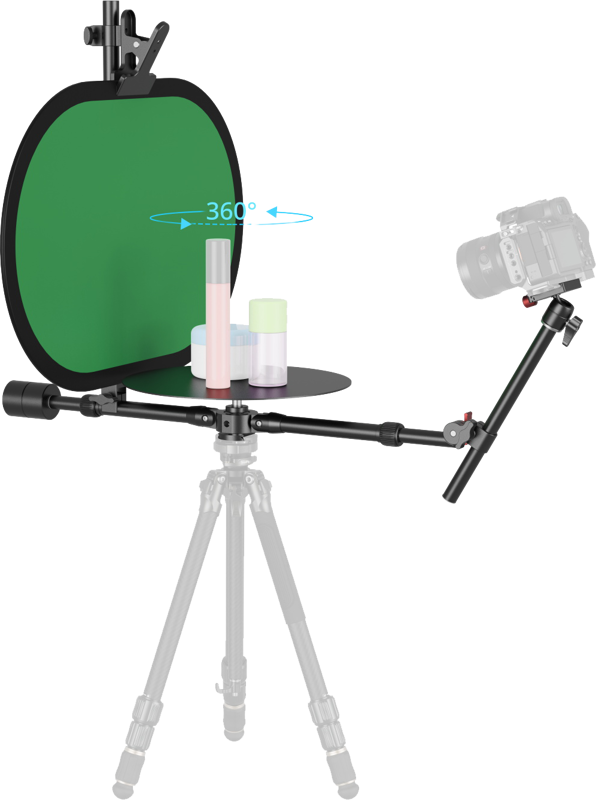 and product shots. The product features a telescopic arm and foldable legs for a quick 3-step setup