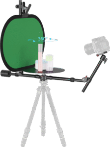 and product shots. The product features a telescopic arm and foldable legs for a quick 3-step setup