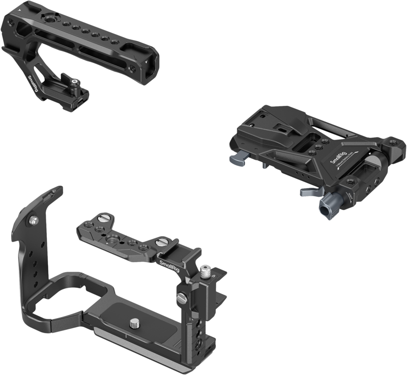 while the foldable V-mount plate design ensures easy transportation and convenient storage. This kit includes a cage