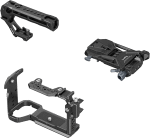 while the foldable V-mount plate design ensures easy transportation and convenient storage. This kit includes a cage
