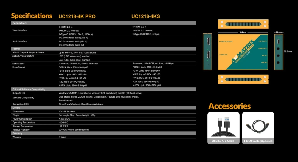 AVMATRIX UC1218-4K PRO HDMI to USB3.0 4K30 Capture Box