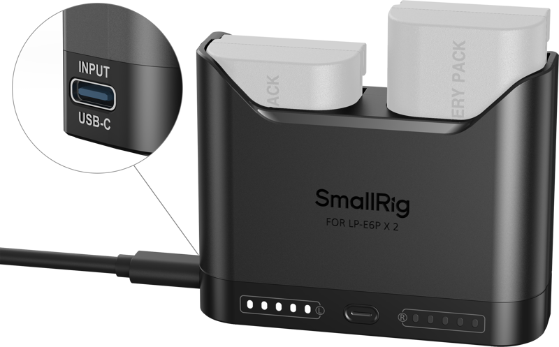 LP-E6N and LP-E6 batteries and is capable of charging both original and third-party batteries. The charger’s dual-slot design allows for simultaneous charging of two batteries or single-battery charging