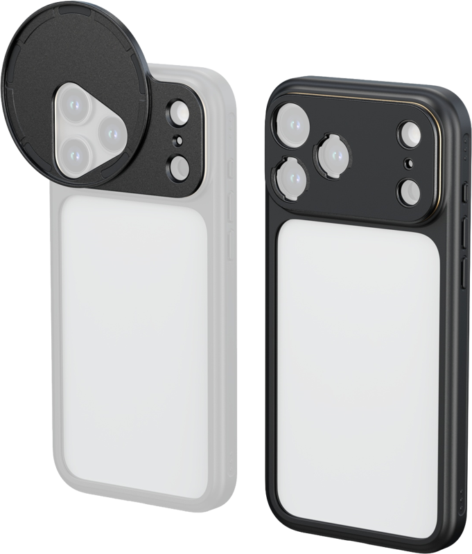 An ingenious phone case that seamlessly integrates with the optical ecosystem for visual creation. The phone case features a hollowed-out back panel design