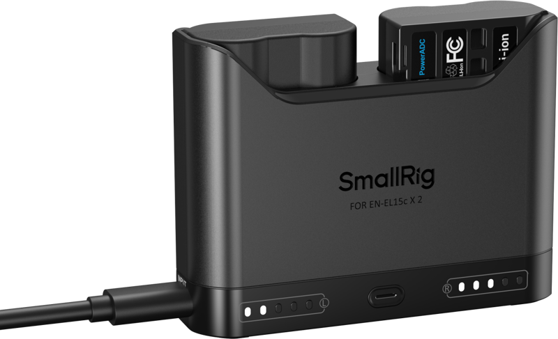 providing extended shooting time for demanding workflows. The charger’s dual-slot design allows for simultaneous charging of two batteries or single-battery charging