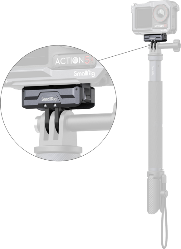 and a foldable dual claw interface for attaching action camera accessories.