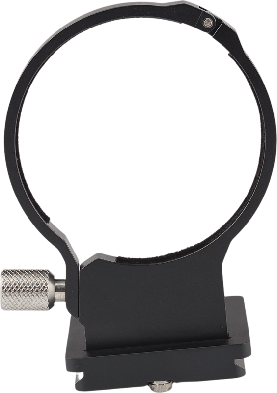 allowing for secure tripod mounting to achieve more stable shots. It attaches to the rear barrel of the lens