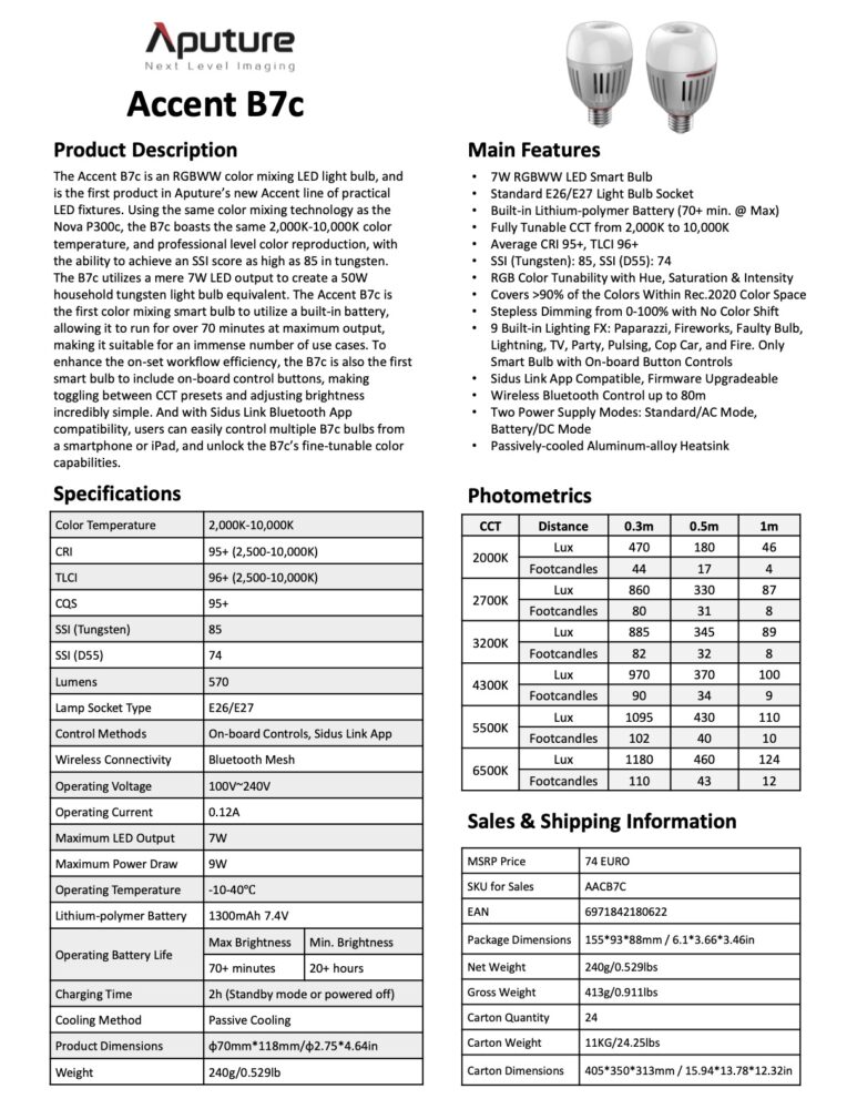 APUTURE Accent B7c RGBWW LED smart bulb