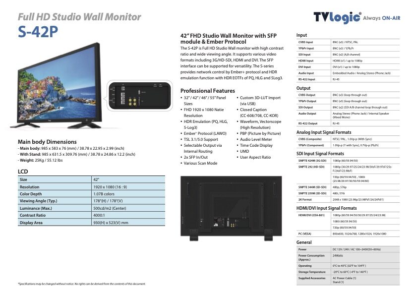 42" TVLOGIC S-42P FHD studio wall monitor
