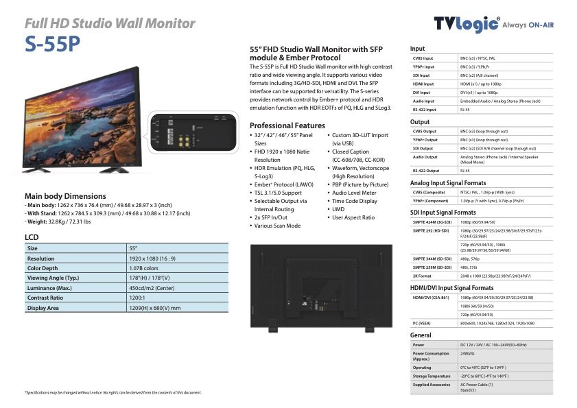55" TVLOGIC S-55P FHD studio wall monitor