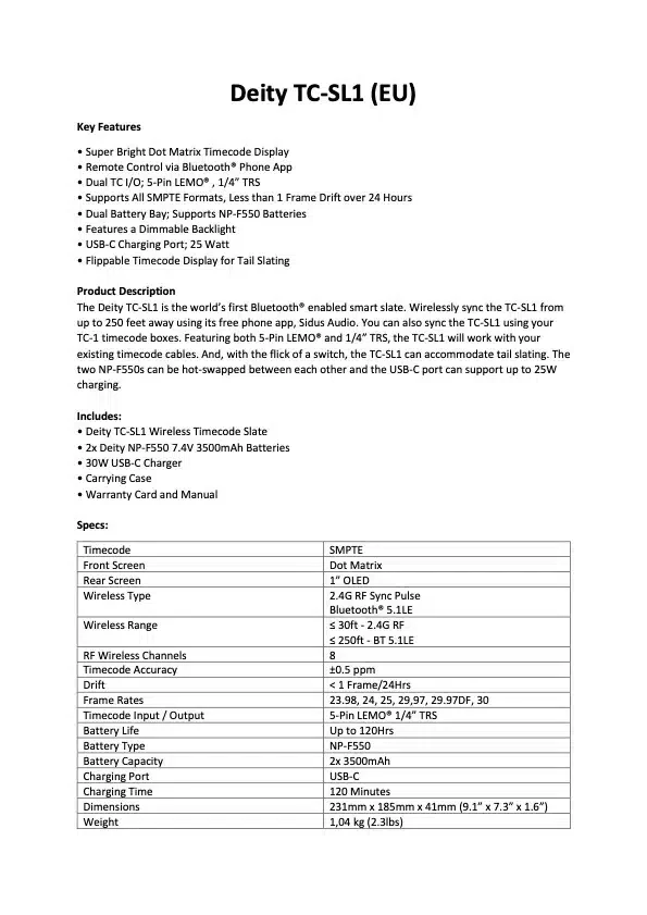 DEITY TC-SL1 timecode slate