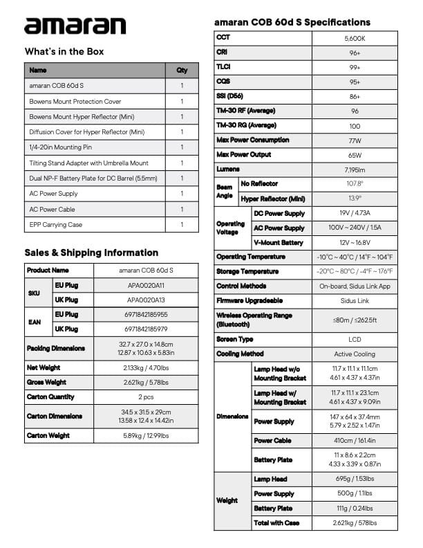 AMARAN COB 60d S ultra-compact daylight LED video light